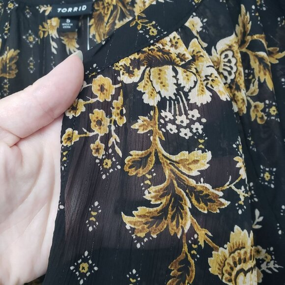 NEW Torrid Black Gold Floral Sheer Blouse Office Work Boho Long Sleeve Top - Picture 7 of 11